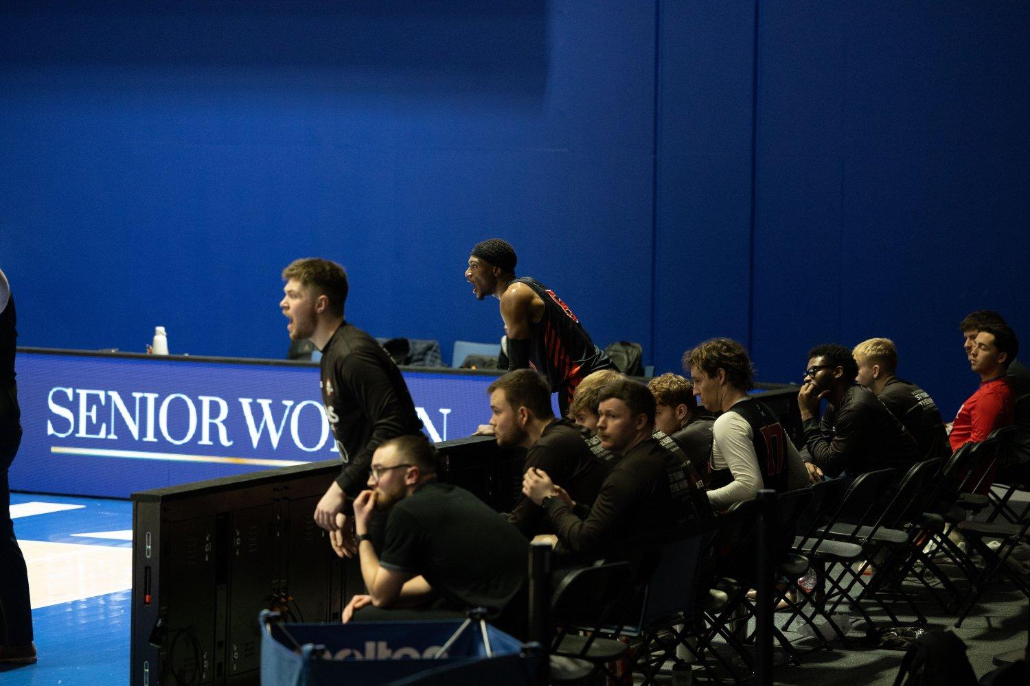 Person sitting in arena seats watching a basketball game on the court.